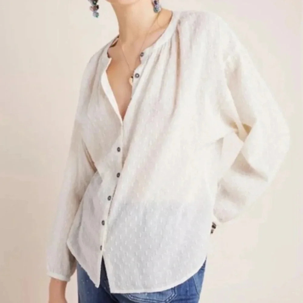 Anthropologie Blouse Martina Textured Metallic Ivory Long Sleeve Button Up Sze 0